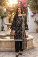 BLACK WIH MULTI PRINT Bana Dora Lawn Shirt with Plain dyed Trouser with Luxury Lawn Voile Dupatta 3Pc.(Unstitched)