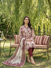 ROSE, WHITE WITH WINE Digital Printed 3Pc suit with Luxury Voile Dupatta(Unstitched)