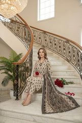 BLACK CREAM & BROWN Printed Full Suit with Luxury ZARI Dupatta 3pc (Unstitched)