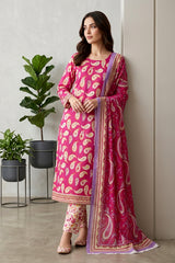 FUSIA PINK Premium Digital Lawn Suit with Digital Voile Dupatta 3pc Suit (Unstitched)