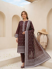 WINE WITH WHITE Block Printed Premium Lawn with Light weight Voile Dupatta 3pc Suit (Unstitched)