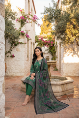 FOREST GREEN WITH MULTI PRINT Bana Dora Lawn Shirt with Plain dyed Trouser with Luxury Lawn Voile Dupatta 3Pc.(Unstitched)