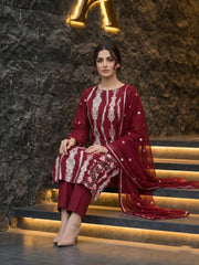BURN RED Chiffon Embroidered with Silver Tilla work 3Pc Suit (Unstitched)