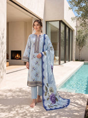 ICE BLUE WITH MULTI Premium Classic Lawn 3pc Suit with Light Weight Voile Dupatta (Unstitched)