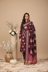 BASE EGGPLANT WITH MULTI PRINT 3pc Premium Doria linen suit with linen dupatta (Unstitched)