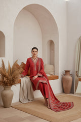 BURGUNDY RED & CREAM Premium Classic Lawn 3pc Suit with Light Weight Voile Dupatta (Unstitched)