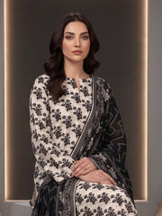 BEIGE & BLACK Premium Classic Lawn 3pc Suit with Luxury Voile Dupatta (Unstitched)