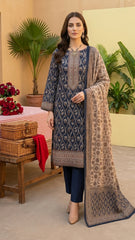 MIDNIGHT BLUE & CREAM Premium Swiss Voile 3Pc Printed Suit (Unstitched)