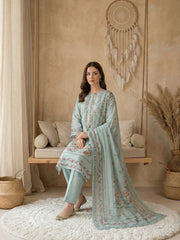 MINT GREEN WITH MULTI PRINT Premium Classic Lawn 3pc Suit with Light Weight Voile Dupatta (Unstitched)
