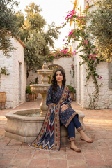 MIDNIGT BLUE WITH MULTI PRINT Bana Dora Lawn Shirt with Plain dyed Trouser with Luxury Lawn Voile Dupatta 3Pc.(Unstitched)