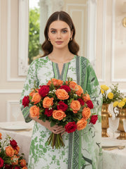 BASE TEA GREEN WITH BLACK & FOREST GREEN Premium Slub Lawn 3pc Suit with Light Weight Voile Dupatta (Unstitched)
