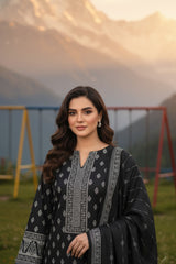OFF BLACK 3Pc Premium Dhanak Printed Suits (Unstitched)