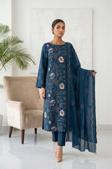 DARK ZINC BLUE Chiffon Embroidered 3Pc Suit (Unstitched)