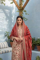 BASE PEACHY PINK WITH MULTI PRINT 3pc Premium Doria linen suit with linen dupatta (Unstitched)