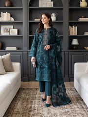 TEAL BLUE WITH BLACK WHITE Printed Premium Lawn with Voile Dupatta 3pc Suit (Unstitched)