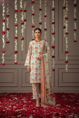 BASE CREAM WITH MULTI PRINT Bana Dora Lawn Full Suit 3 pc with Luxury Voile Dupatta (Unstitched)