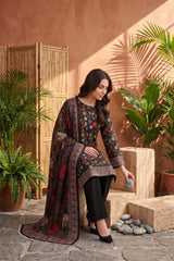 DARK GREEN WITH MULTI PRINT Bana Dora Lawn Shirt with Plain dyed Trouser with Luxury Lawn Voile Dupatta 3Pc.(Unstitched)