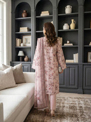 SOFT PINK WITH MULTI Printed Premium Lawn with Voile Dupatta 3pc Suit (Unstitched)