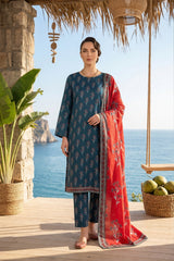 YALE BLUE & RED WITH MULTI  PRINTED LAWN SUIT WITH VOILE DUPATTA 3Pc (Unstitched)