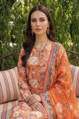 BRIGHT ORANGE WITH MULTI PRINT CAMBRIC LAWN SUIT WITH VOILE DUPATTA 3Pc (Unstitched)