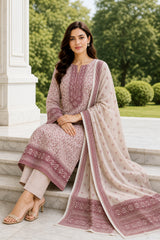 FAWN DARK MAGENTA  Digital Printed 3pc suit with Luxury VoileDupatta(Unstitched)