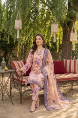 PEACH PURPLE & BROWN CAMBRIC LAWN SUIT WITH VOILE DUPATTA 3Pc (Unstitched)