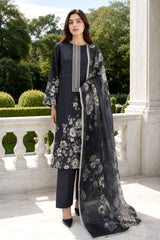 BLACK,GREEN & GRAY Premium Classic Lawn 3pc Suit with Light Weight Voile Dupatta (Unstitched)