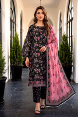 BLACK WITH MULTI Premium Digital Lawn Suit with Digital Voile Dupatta 3pc Suit (Unstitched)