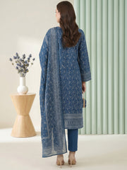COBALT BLUE WITH WHITE BLOCK PRINTED Premium Classic Lawn 3pc Suit with Light Weight Voile Dupatta (Unstitched)
