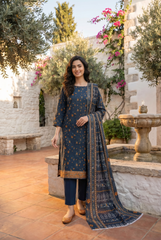 CLASSIC BLUE WITH MULTI PRINT Bana Dora Lawn Shirt with Plain dyed Trouser with Luxury Lawn Voile Dupatta 3Pc.(Unstitched)