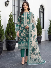 DARK GREEN & HAZEL WOOD Digital Printed 3Pc suit with Luxury Voile Dupatta(Unstitched)