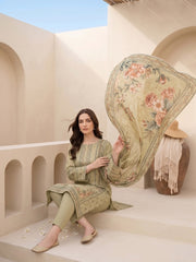 PALE OLIVE WITH MULTI PRINT Premium Classic Lawn 3pc Suit with Light Weight Voile Dupatta (Unstitched)