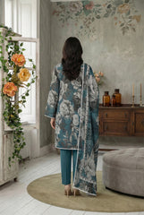 BASE TEAL BLUE WITH LIGHT GRAY & BLACK Premium Swiss Voile 3 PC Printed Suit (Unstitched)