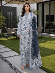 PEARL GRAY,BLUE & BLACK FLORAL DIGITAL PRINTED PREMIUM LAWN WITH FANCY DIAMOND DUPATTA 3Pc Suit (Unstitched)
