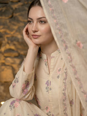CREAM Chiffon Embroidered 3Pc Suit (Unstitched)