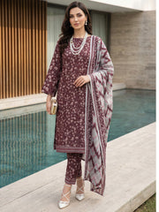 DARK MARRON WITH MULTI PRINTED LAWN SUIT WITH VOILE DUPATTA 3Pc (Unstitched)