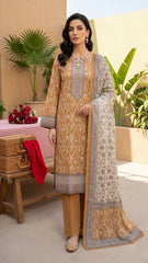DARK MUSTURD & CREAM Premium Swiss Voile 3 PC Printed Suit (Unstitched)