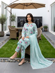 BASE LIGHT BLUE WITH MULTI FLORAL DIGITAL PRINTED PREMIUM LAWN WITH FANCY DIAMOND DUPATTA 3Pc Suit (Unstitched)
