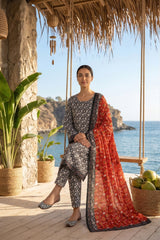 BLACK  WHITE & CRIMSON RED PRINTED LAWN SUIT WITH VOILE DUPATTA 3Pc (Unstitched)