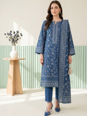 BLUEBERRY BLUE WITH WHITE BLOCK PRINTED Premium Classic Lawn 3pc Suit with Light Weight Voile Dupatta (Unstitched)