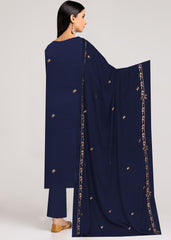 MIDNIGHT BLUE & BRONZE WITH STONEWORK Chiffon Embroidered 3Pc Suit (Unstitched)