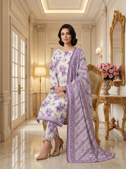 HONEYDEW BASE & PURPLE Digital Printed Premium Lawn 3pc Suit (Unstitched)