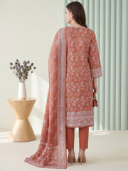 PASTEL CHOCOLATE WITH WHITE BLOCK PRINTED Premium Classic Lawn 3pc Suit with Light Weight Voile Dupatta (Unstitched)