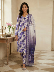 BASE PEARL GRAY WITH PURPLE & BLUE Printed Premium Lawn Full Suit 3pc Suit (Unstitched)
