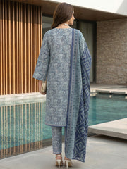 NAVY BLUE WITH LIGHT BLUE PRINTED LAWN SUIT WITH VOILE DUPATTA 3Pc (Unstitched)