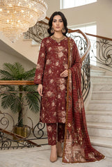 BURGUNDY RED WITH CREAM &  BLACK Printed Full Suit with Luxury ZARI Dupatta 3pc (Unstitched)