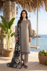 OYESTER GREY WITH BLACK IVORY PRINTED LAWN SUIT WITH VOILE DUPATTA 3Pc (Unstitched)