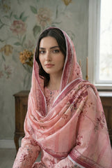 CREAMY PEACH, PINK & RASBERRY Premium Swiss Voile 3 PC Printed Suit (Unstitched)