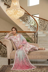 CREAM PINK & PISTACHIO Printed Full Suit with Luxury ZARI Dupatta 3pc (Unstitched)