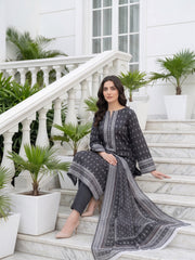 BLACK, WHITE WITH GREEN Premium Classic Lawn 3pc Suit with Light Weight Voile Dupatta (Unstitched)